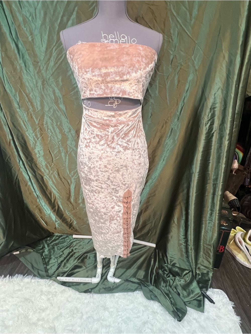 Strapless Blush Velvet Two-Piece Midi Dress